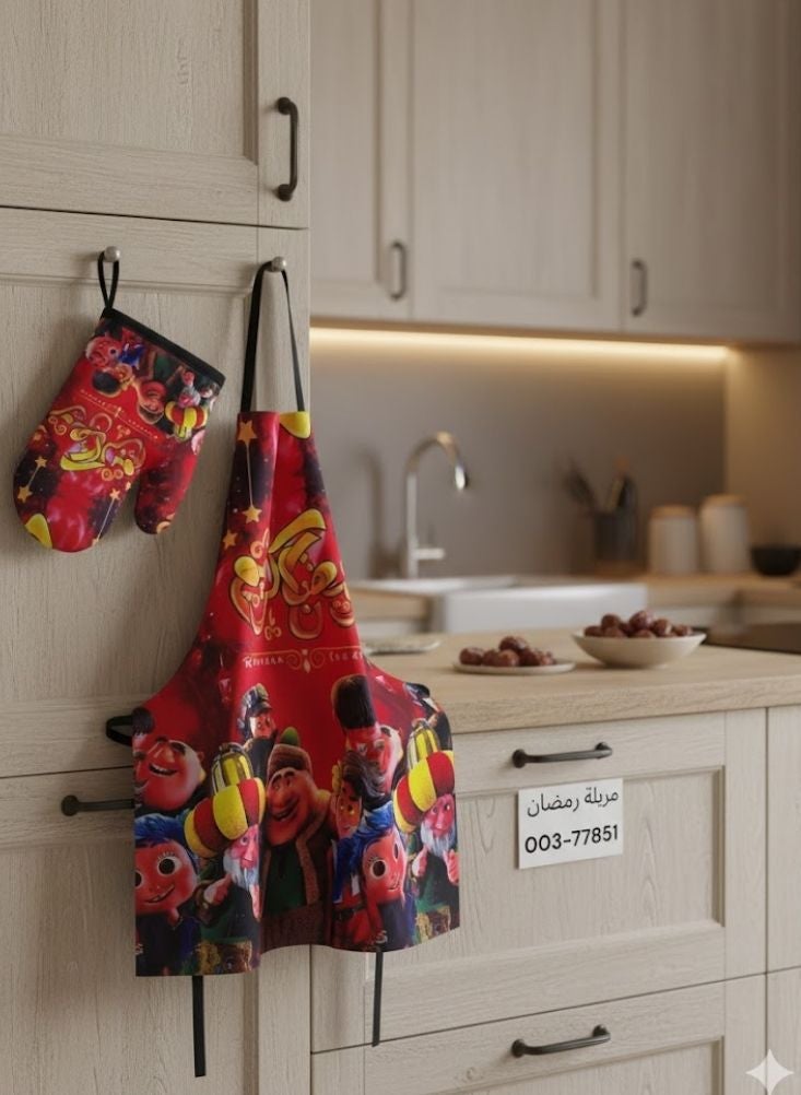 بريميم مريلة مطبخ مطبوعة بعبارة رمضان كريم مع طقم حامل أواني متناسق - Image 2